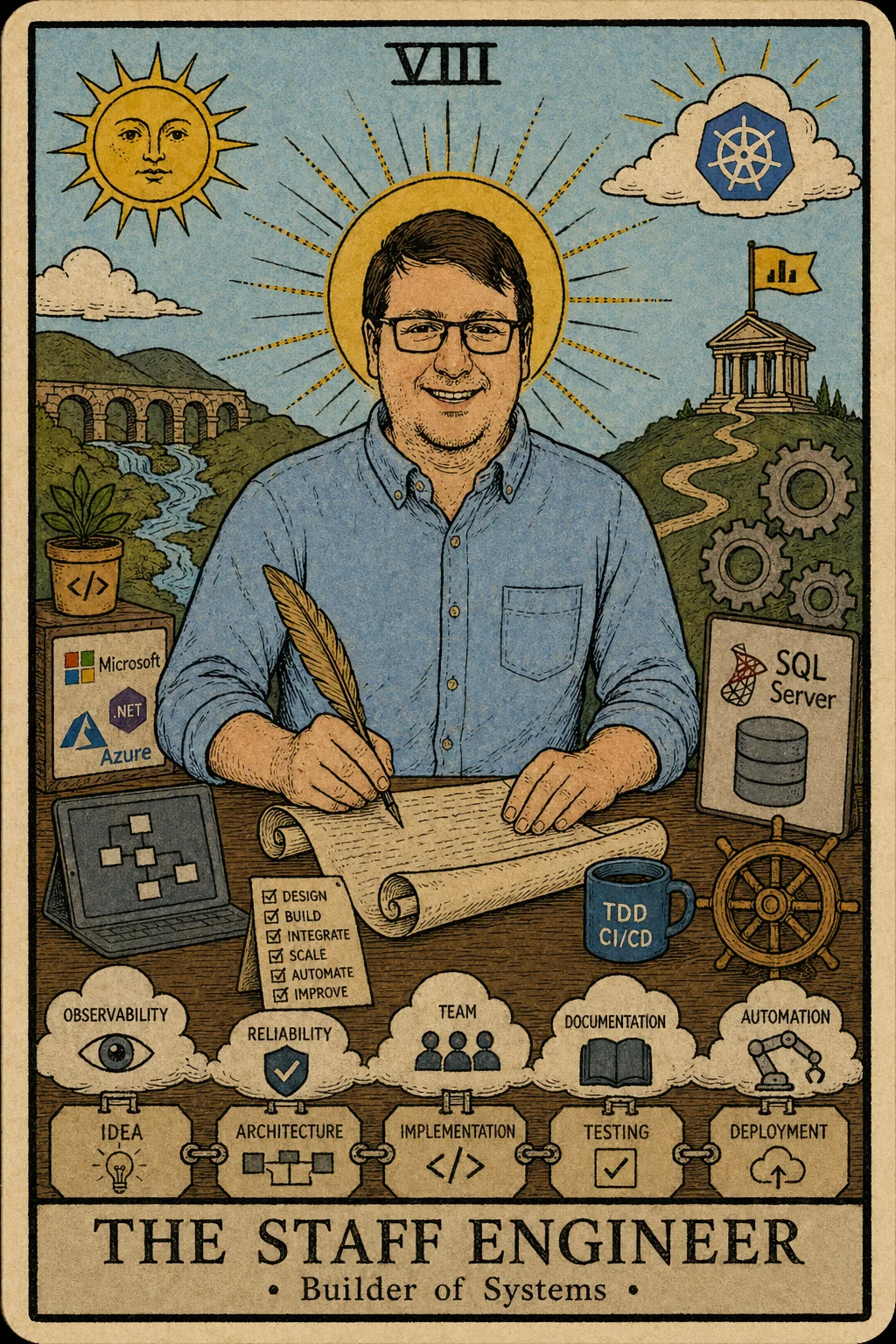 Tarot-style portrait of Matt Kraatz as The Staff Engineer, Builder of Systems.